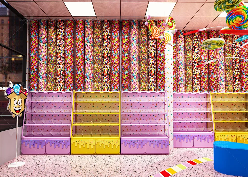 Custom Colorful Confectionery Display Rack Shelf Bespoke Sweets Store Interior Design Modern Candy Shop Decorations