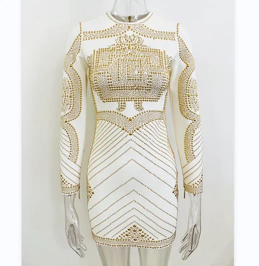 2023 Spring Autumn Quality Rivet Beading Long Sleeve Round Neckline Women Casual White Mini Dress