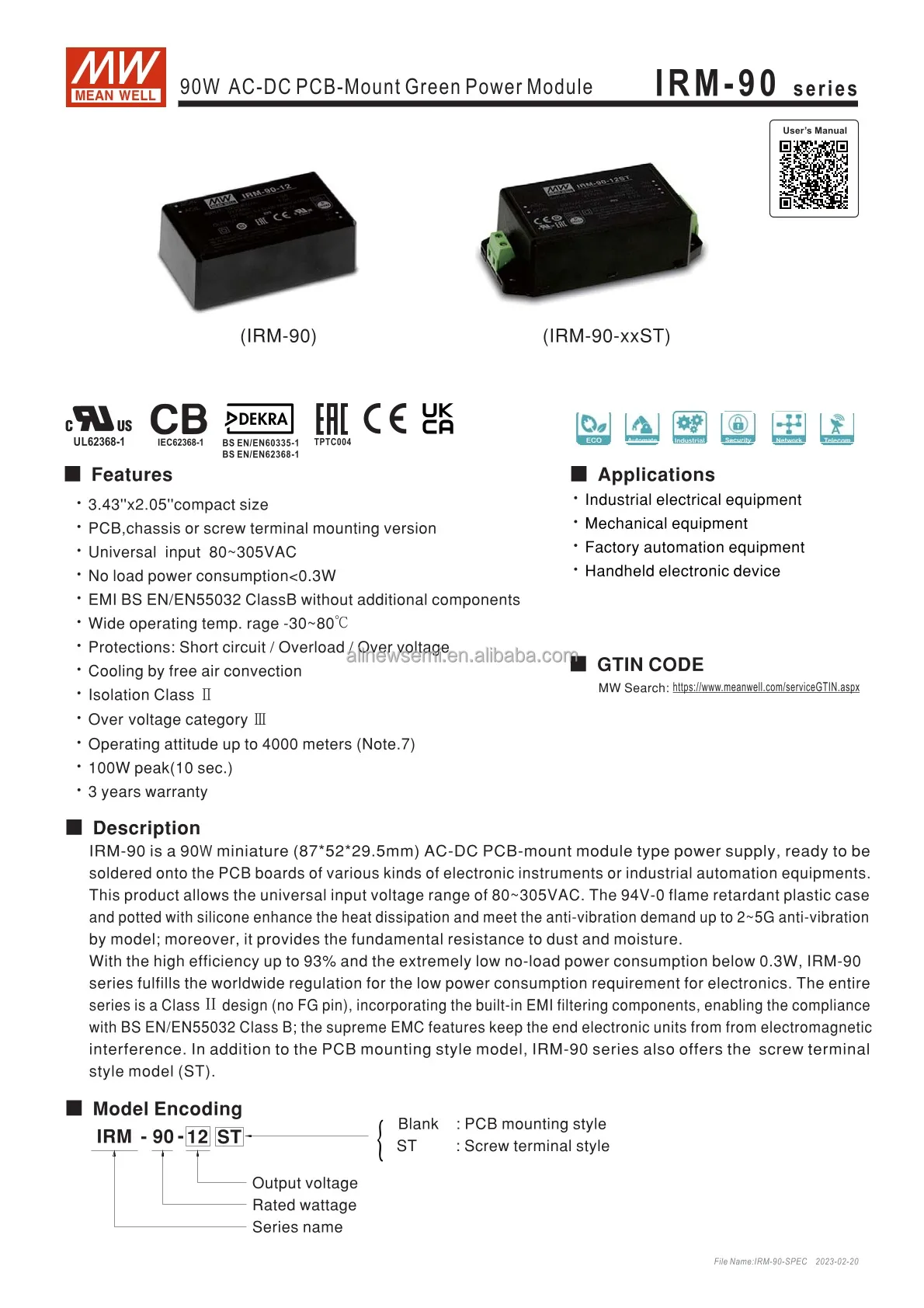 Hot sale Original IRM-90-48 Power Supply Board Mount AC/DC CONVERTER IRM-90 (90W) Enclosed 90 W 48V  Through Hole 4-DIP Module