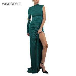 OEM/ODM Women's Elegant Satin One-Shoulder Sleeve Dress Floral Patterned High Split Tight Long Dress Breathable