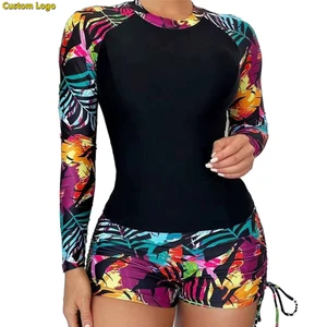 Custom Logo Swimwear Women Rash Guard & Swim Shorts Long Sleeve Swim Shirt Quick Dry Swimsuits UPF 50+ SPF Sun & UV Protection