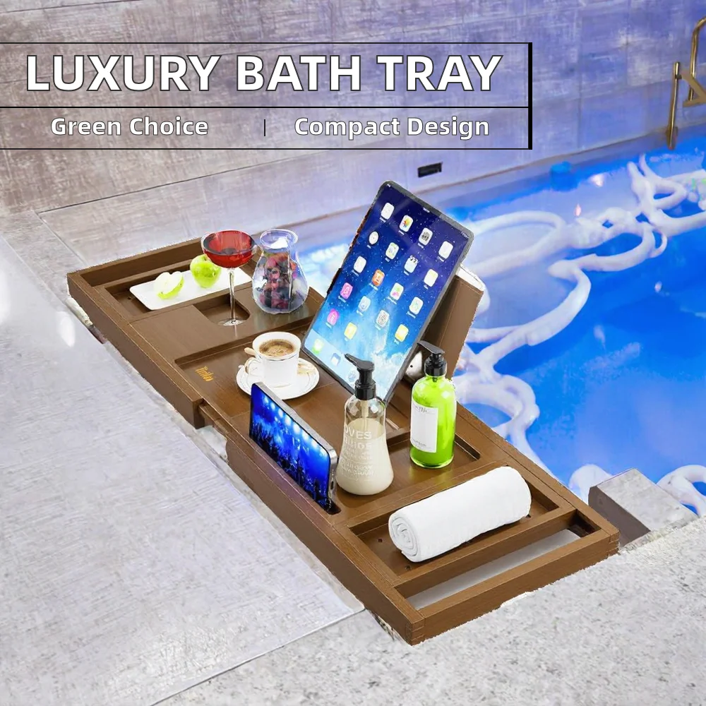 Wholesale Luxury Bamboo Bath Tray Caddy Custom Foldable and Expandable Brown Bathrub Tray for Bathroom Use Hot Sale
