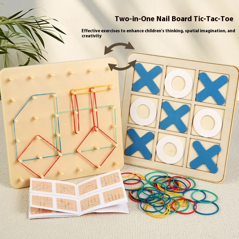 Montessori Toy 2 in 1 Rubber Band Nail Board Tic-Tac-Toe Brain Teaser Puzzle Game Wooden STEM Education Toy for Kids