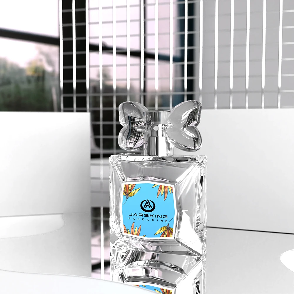 30ml 50ml 100ml Custom Printing Luxury Colorful square Shape Women Empty Sprayer Packaging Perfume Glass Bottle with Bow Tie Cap