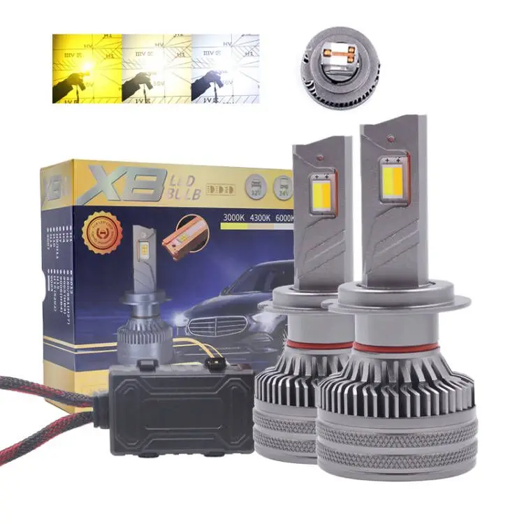 X8 Tri Color 200W H7 LED Headlight Bulb H11 3000K 4300K 6500K H7 H1 H8 H9 9005 9006 9012 H7 Car LED Lights Fog Headlights Bulbs