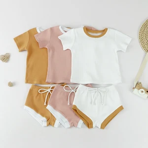 Skin-Friendly Cotton Baby Ribbed Texture Contrast Trim Short-Sleeve Top & Drawstring Shorts Set for Daily & Summer