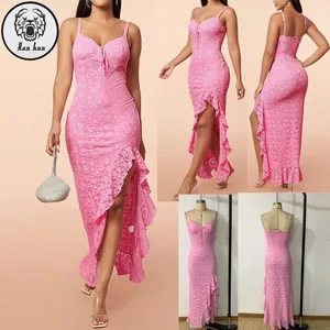 Custom Summer Fashion Pink Ruffle Bottom Lace Clothes Women Elegant Casual Bodycon Maxi Sexy Dresses