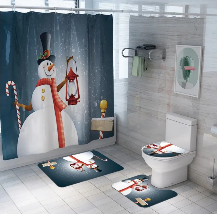 4Pcs Christmas Waterproof Bathroom Shower Curtain Bath Mat Xmas Lid Toilet Cover 