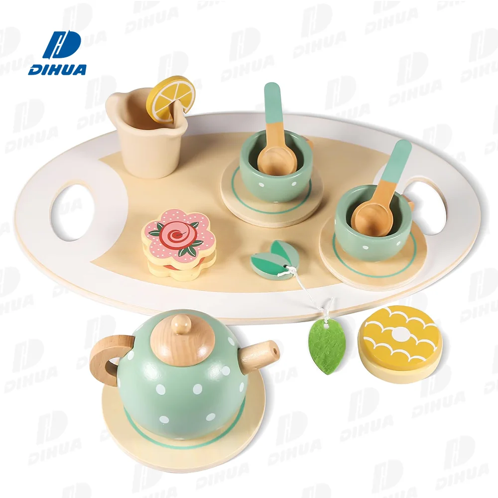 Happy Earth - 14 PCS Wooden Tea Set for Toddler, Pretend Play Tea Party Set with Simulation Dessert Tray Teapot Classical Educational Toy