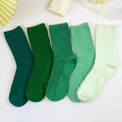 Ins Double Needle Green Cotton Socks Korean Crew Solid Color Slouch ...