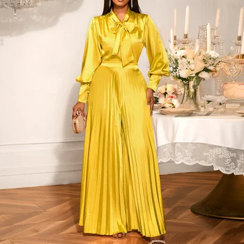 AM050524SET Shiny Tie Neck Long Lantern Sleeve Tops Pleated Wide Leg Pants Gold Casual Satin Women's Two Pieces Set