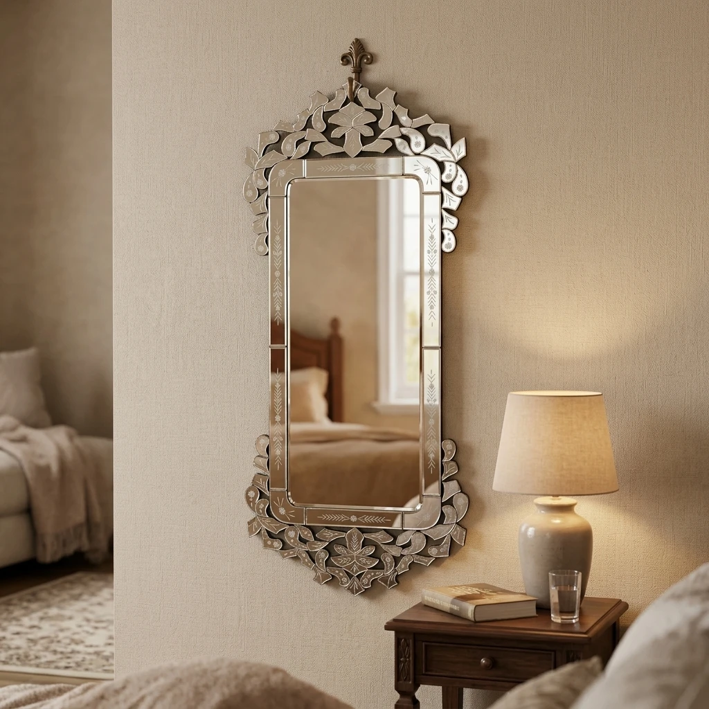 Long Murano Venetian Glass Wall Mirror in Gold Flower