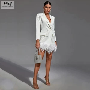 Fashion Design London White Feather Blazer Mini Dress Women's Casual Formal Occasions Office Work Dress With Pockets