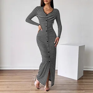 Women's Clothing Supplier New Women's Clothing Long-sleeved Knitted V-neck Striped Cardigan Dress Daily Ladies' Casual Dress