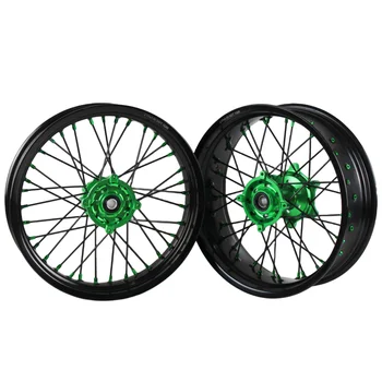 Perfect Integration 17" Supermoto Wheels With Black Rims And Green Hubs