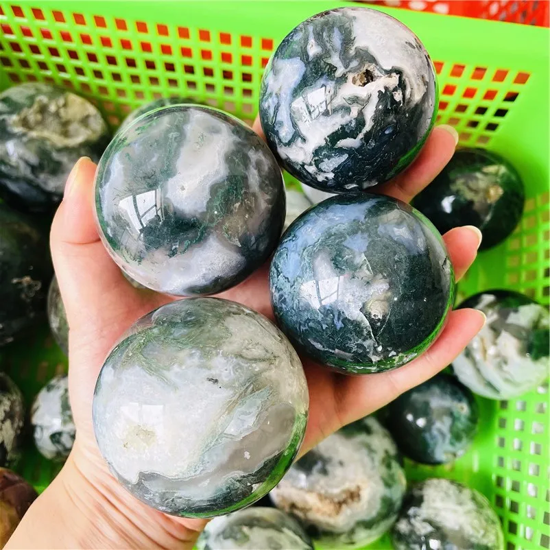 High Quality Natural Green Moss Agate Crystal Sphere With Druzy Geode for Healing