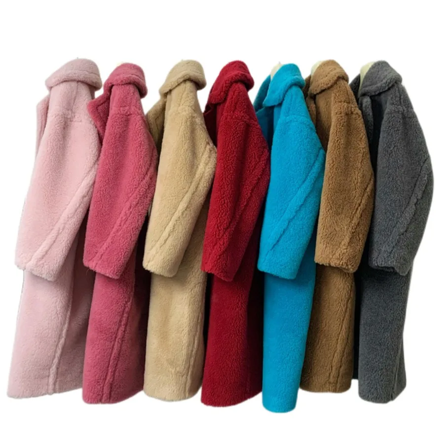High Quality Loose Cashmere Sheep Alpaca Lapel Wool Fabric Trench Coats Luxury Coats for Women Shearing Long Overcoat