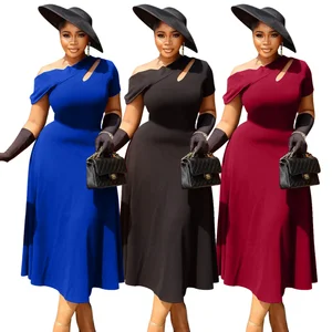 Customize Plus Size Women's Casual Elegant Summer Dresses Slanted Collar Hollow Short Sleeve Solid Pattern African-Style Dress