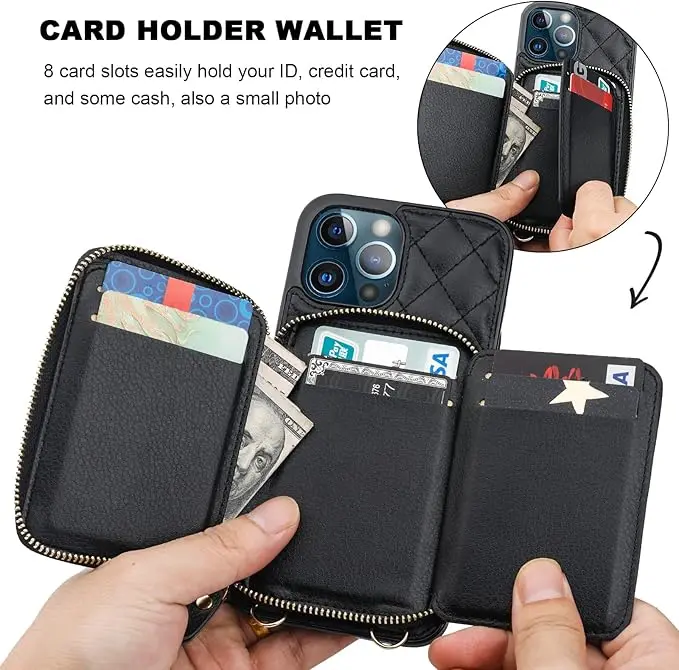 Laudtec Crossbody Wallet Case for iPhone 12 Pro Max Blocking PU Leather Zipper Handbag Purse Flip Card Lanyard Case manufacture