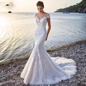 Plus Size Women Sexy Slim Bride Fishtail Wedding Dress White Trailing Backless Lace Wedding Dresses