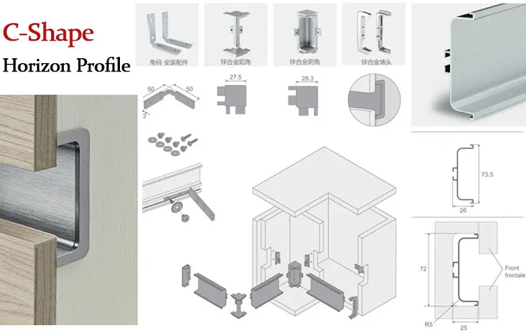 Handless Kitchen Cabinet Vertical Horizontal Led Strip Gola Aluminium Profiles Kitchen Handle Metal Hidden L Shape Gola Handles