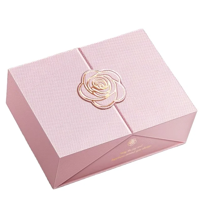 Customized Pink Embossed Logo Paper Romantic Jewelry Gift Box with Ribbon Bow for Cosmetics and Birthday Presents