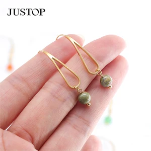 Bijoux Acier Inoxydable Round Natural Stone Small Stud Earrings Jade Agate Gold Plated Hook Earring for Women Jewelry
