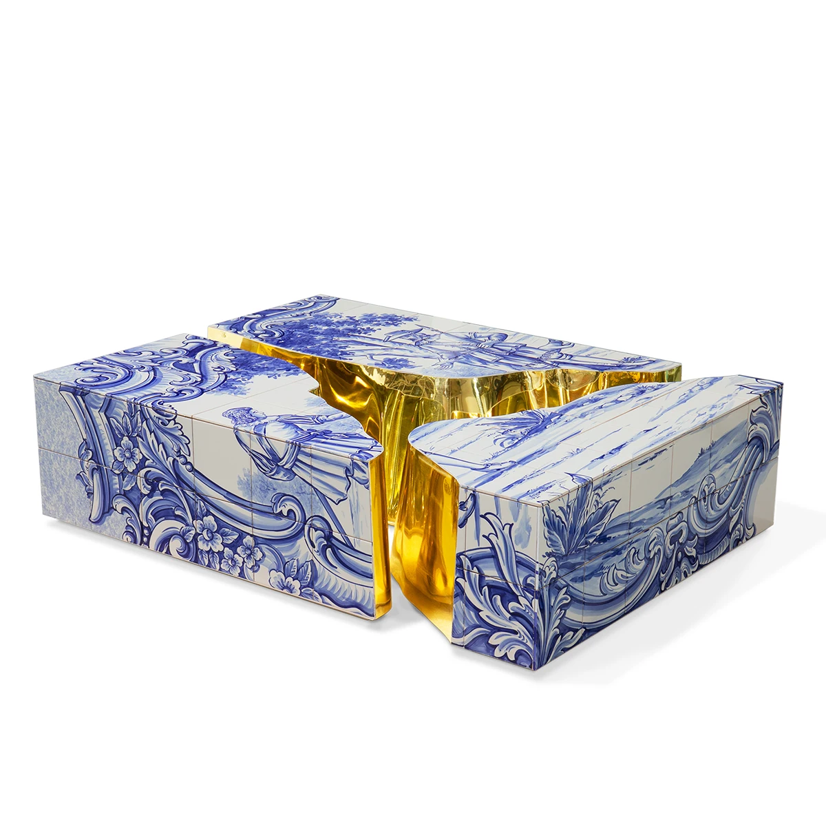 Portuguese Azulejo Center Table - Traditional Hand-Painted Tiles, Polished Brass, Modular Design