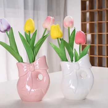 Creative Home Decorative Bow Vase Ceramic Ornaments Dried Flowers Tabletop Vase for Holiday Gifts House Decoration