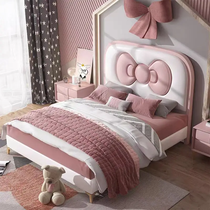 Newest Design Single Size Crystal Decorative Cute pink Girls Polyester Fabric Children Bed for Kids Hot Kids Bedroom Furniture