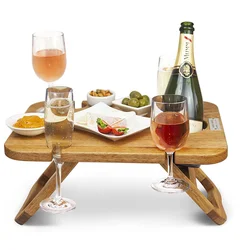 China Portable Foldable Small Acacia Wooden Camping Side Table with Bottle Holders and Wine Glasses for Outdoor Picnic Party
