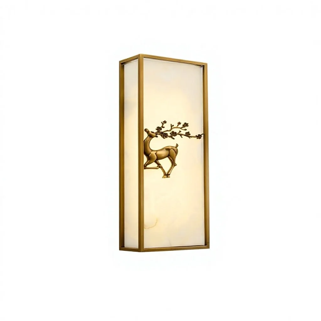 New Chinese-style Natural Marble and Pure Copper Deer Motif Wall Lamp for Living Room Bedroom Dining Room Background Lighting