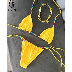 JSN 2026 Customized Fashionable  Hot Selling Strappy Two Piece Bikini Set Solid Beading Backless Beach Swimsuit for Women