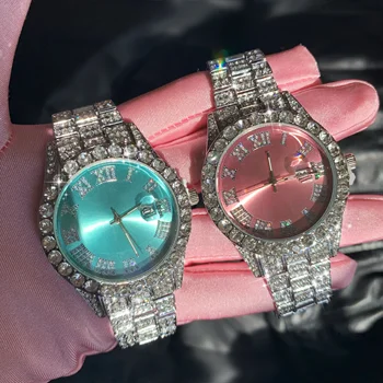 TIME TO GET ICY Hip Hop Fully Iced Out Diamond Lady Jewellery Quartz Watch Luxury Silver Light Blue Rhinestone Watch For Women