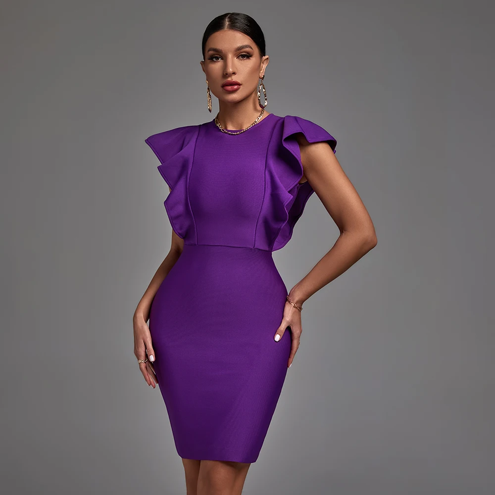 Solid Color Round Neck Elegant Slit Dress Bodycon Ruffle Sleeve Party Dresses Women Evening 