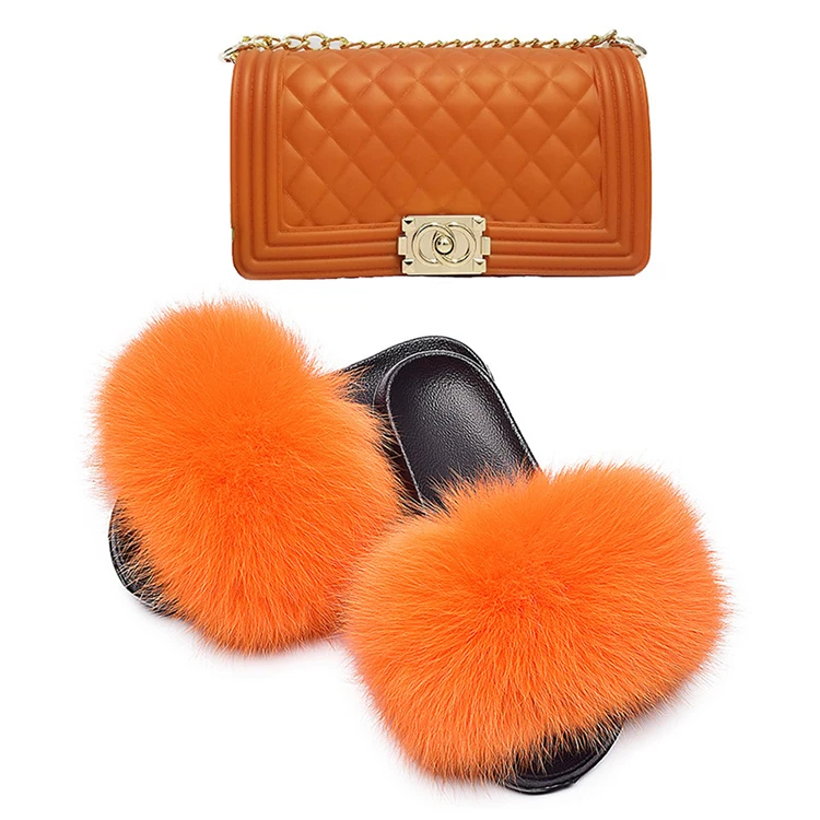 Quality Fox Fur Slides and Matching Purse and Sandals Shoe Sets  2021 Jelly Purse Sets
