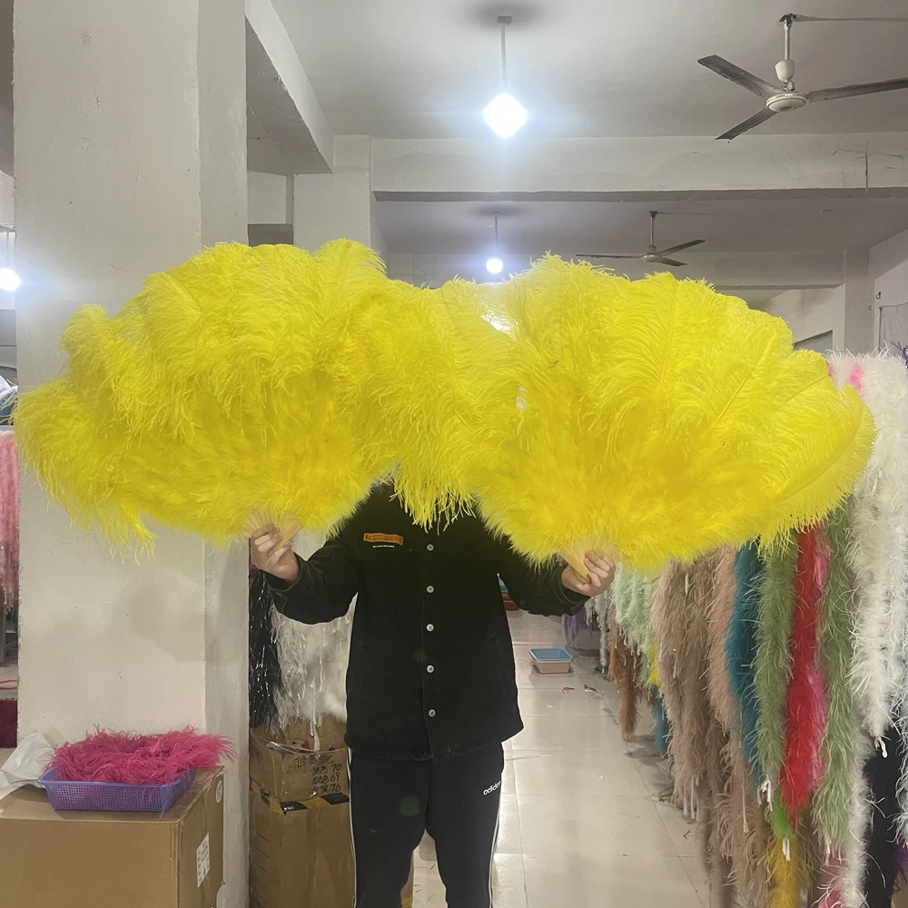 Yellow Large Ostrich Feather Fans Fluffy Performance Dance Folding Hand ...
