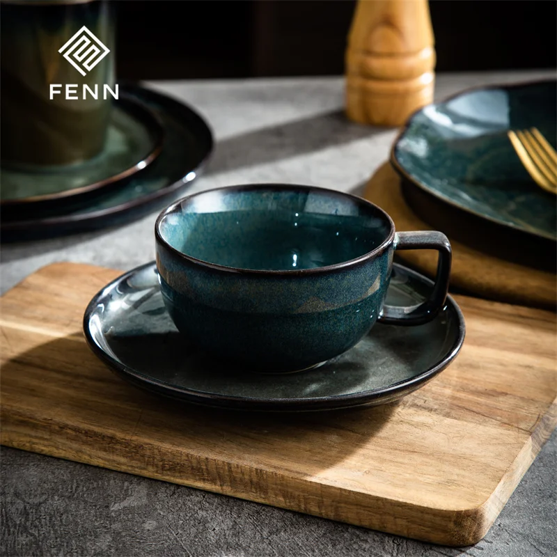 FENN 250ml Rustic Multi-color Reactive Glaze Ceramic Porcelain Coffee Tea Cups and Saucers Sets Vintage Pottery For Hotel