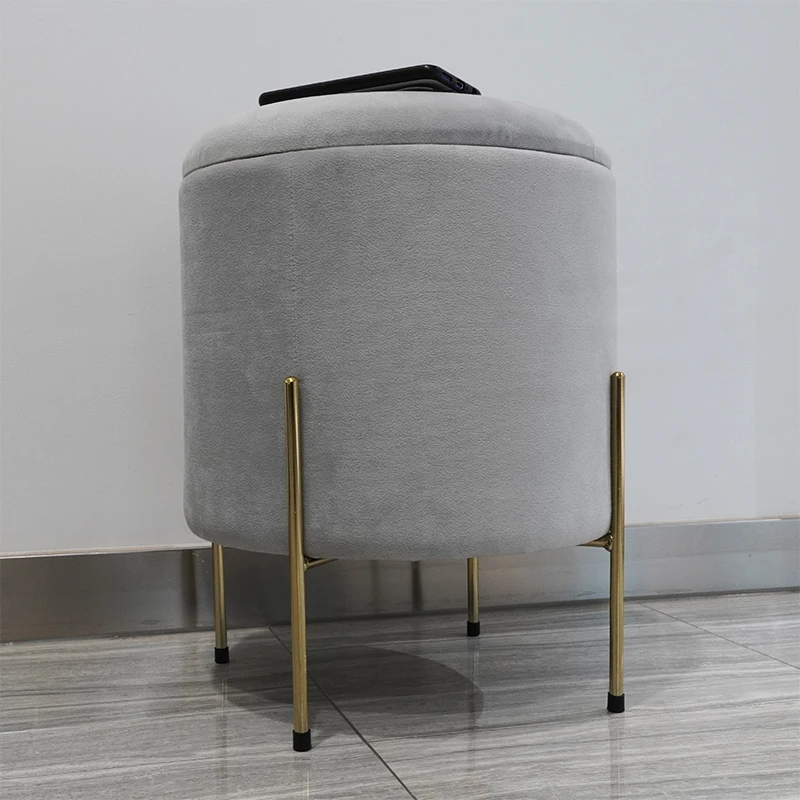 HStex Furniture New Sale Round Seated Footstool Velvet Gold Metal Legs Chairs Gray Ottoman Stools