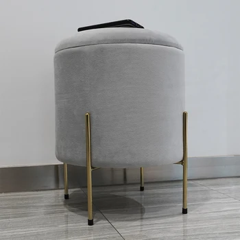 HStex Furniture New Sale Round Seated Footstool Velvet Gold Metal Legs Chairs Gray Ottoman Stools