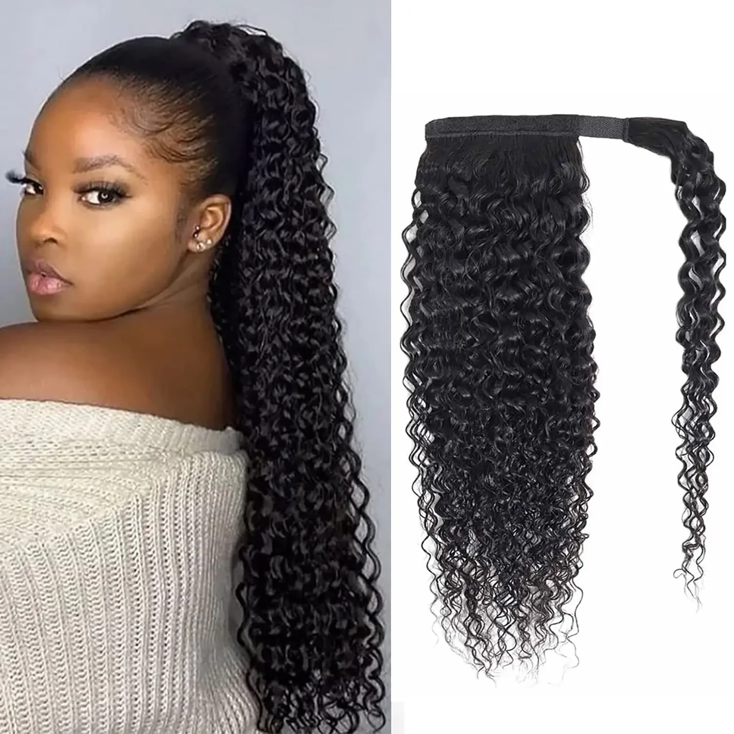 Queue de cheval crépue bouclée avec cordon de serrage, cheveux humains à clipser, extensions de cheveux humains pour femmes, postiche enroulé, queue de cheval naturelle_voghion.com