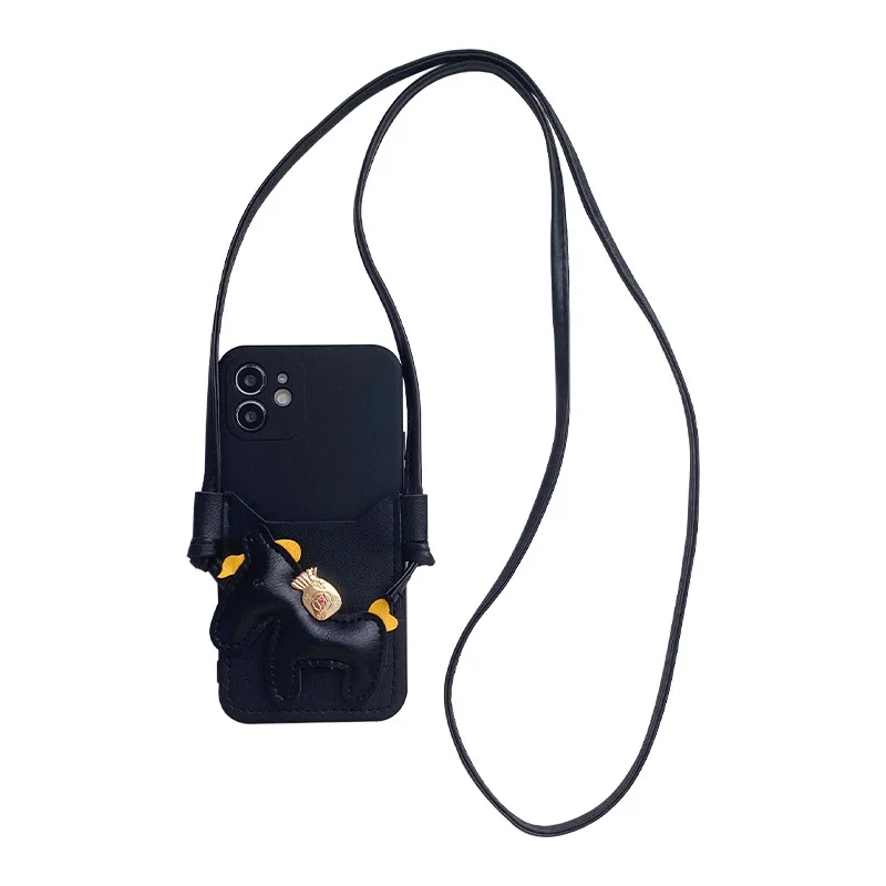 Cute Crossbody Card Holder with Leather Pony Design & Lanyard Phone Case For iPhone 11 12 13 14 15 16 Pro Max Plus Ins Style