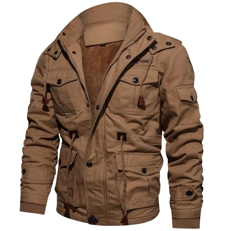 2024 New Fashion Men Winter Warm Zipper Pocs Long Sleeve Hooded Coat Stand Collar Solid Color Fleece Thick Casual_voghion.com