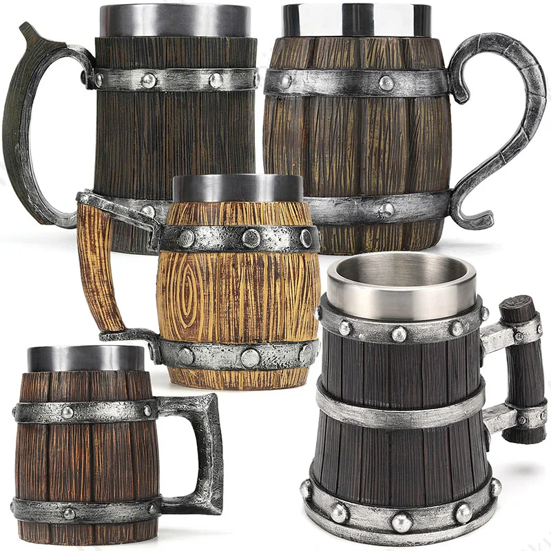 Personality Simulation Wooden Barrel Viking Resin Mug One Piece Cup Stainless Steel Beer Tea Cups Bar Wooden Beer Mug