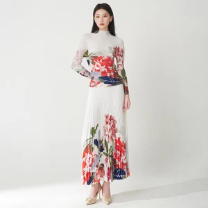 Miyake Pleated Set High Quality Printed Tops and Skirts Loose Women's Elegant Suits Women 2 Piece Sets