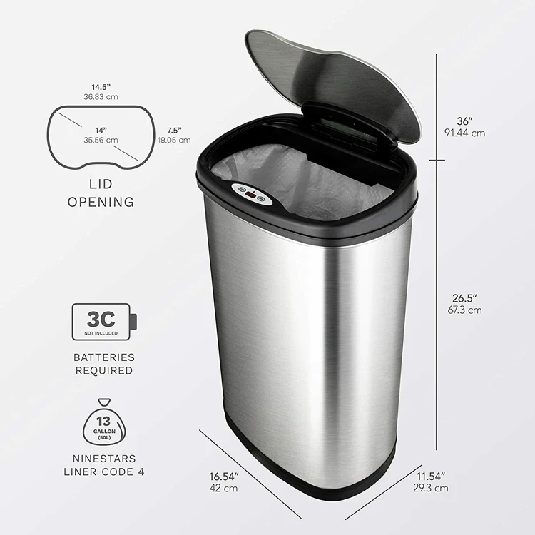 13 Gallon Rectangular No Touch  Motion  Vacuum  Stainless Steel Sensor Trash Can Dustbin for Kitchen