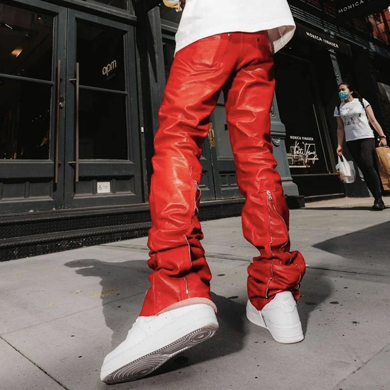 Streetwear High Waist Zipper Pu Flare Sweat Trousers Custom Faux Leather  Stacked Pants Men - Main Image