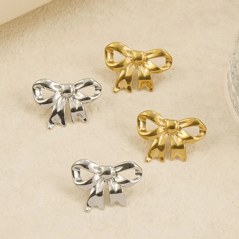 product trendy 18k gold  silver plated bowknot shaped stainless steel stud earrings for women fashionable european american style gift-5