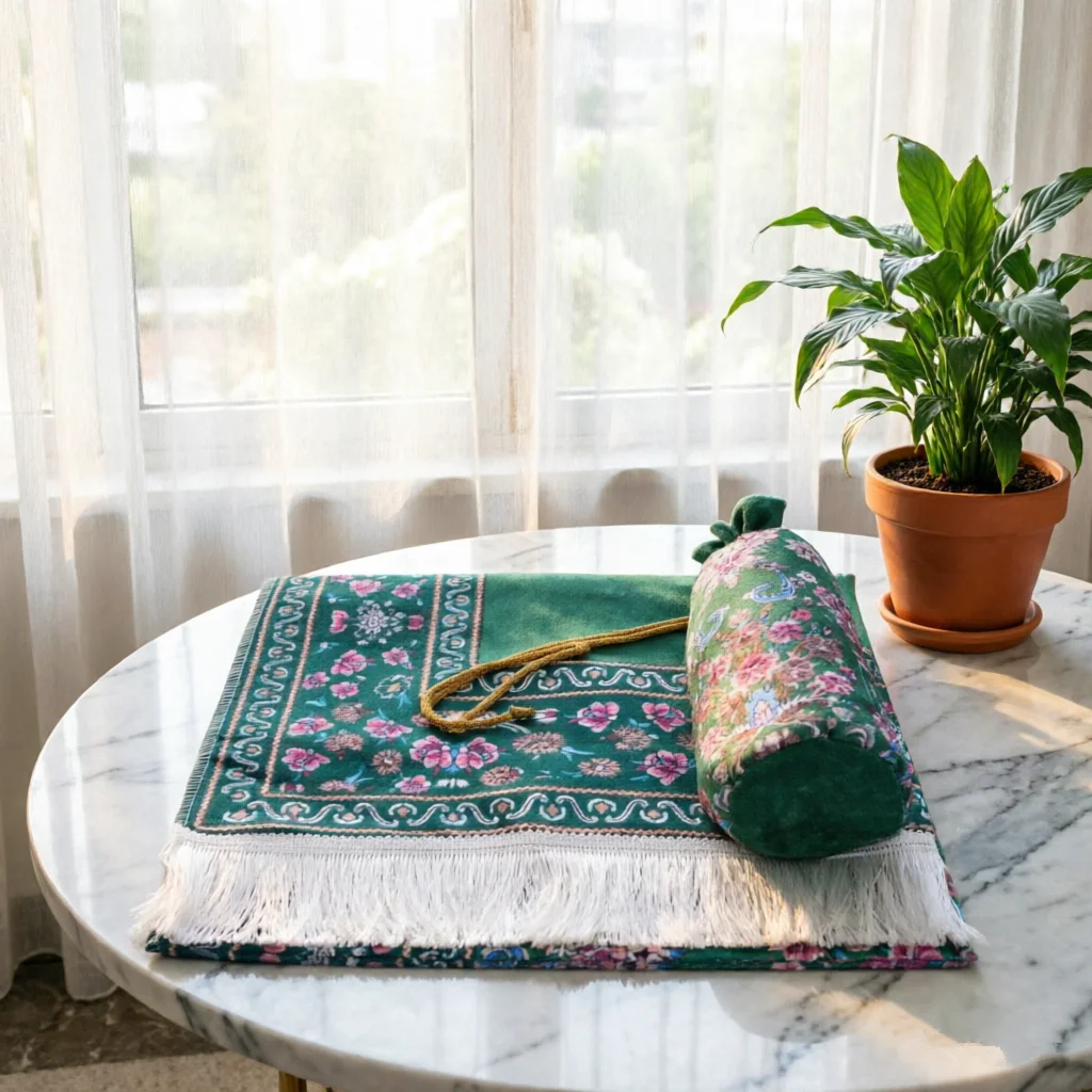 Ensemble élégant de tapis de prière en polyester à motif floral avec pochette de voyage antidérapante - Design musulman moderne - Tapis de prière portable pour la maison - Cadeau_voghion.com