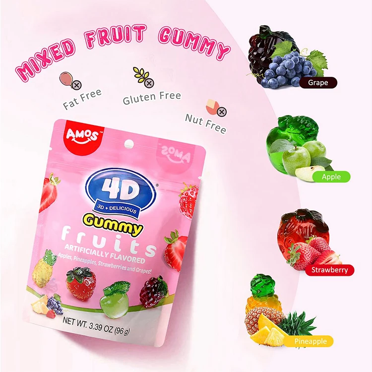 Wholesale Amos 4d Colorful Gummy Candy 3d Fruit Shaped Gummies